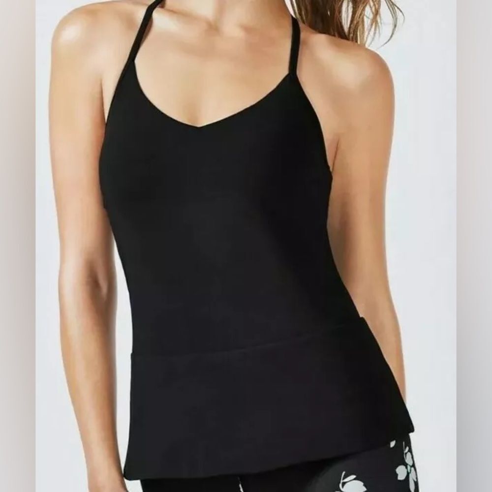 Fabletics Solid Black Diara Peplum Performance Tank Size Medium EUC
